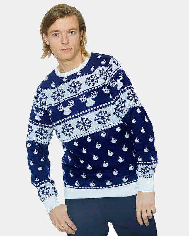 Blue Christmas Sweater with Reindeer and Snow 2023