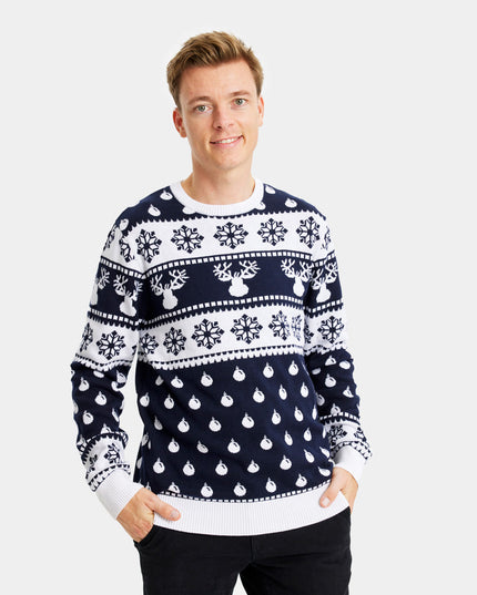 Women's Blue Christmas Sweater with Reindeer and Snow