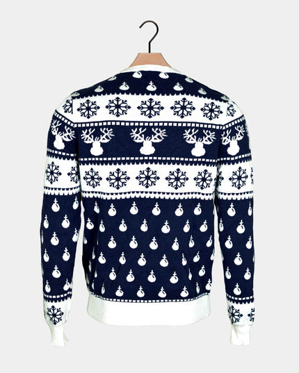 Blue Christmas Sweater for Men with Reindeer and Snow