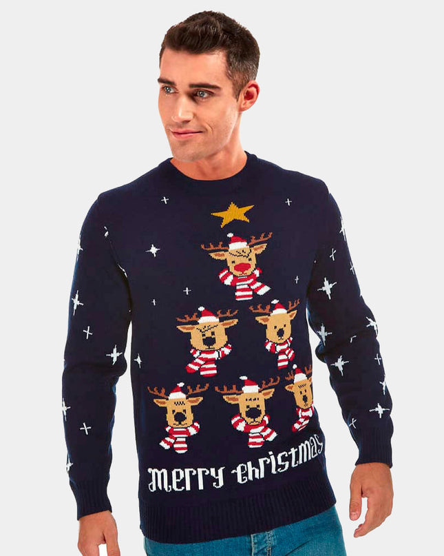 Christmas Sweater for Men Blue with Reindeer, Christmas Tree, and Star
