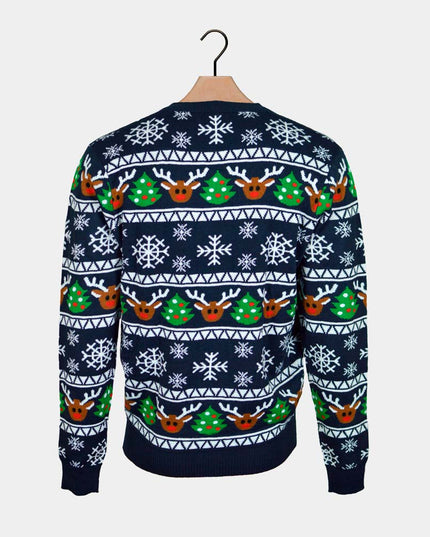 Blue Cardigan Christmas Sweater with Reindeer and Trees