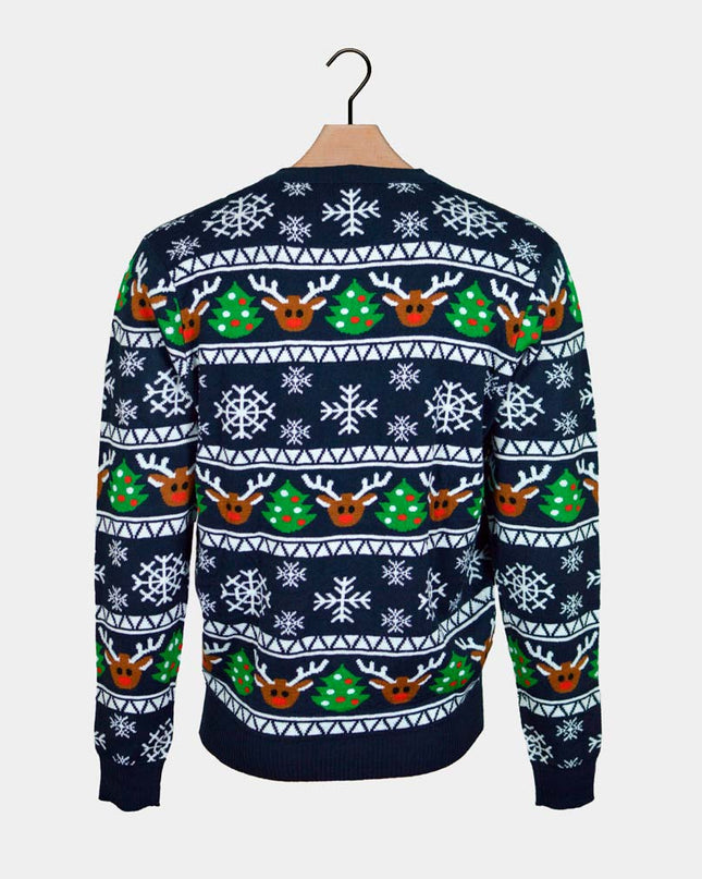 Blue Cardigan Christmas Sweater with Reindeer and Trees
