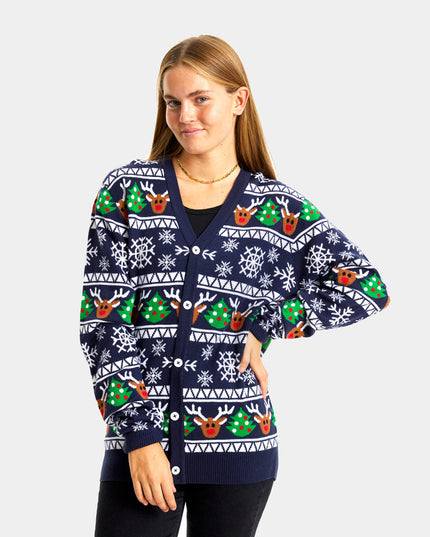 Blue Cardigan Christmas Sweater with Reindeer and Trees