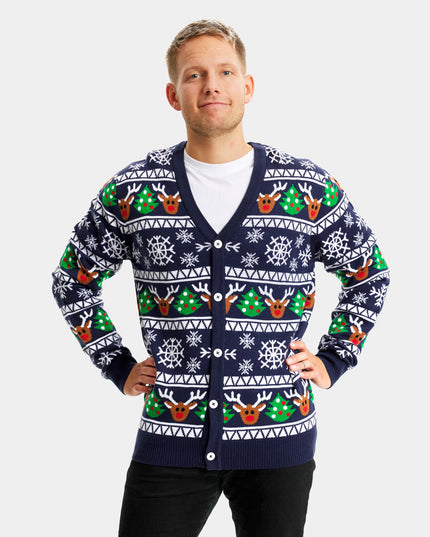 Blue Cardigan Christmas Sweater with Reindeer and Trees