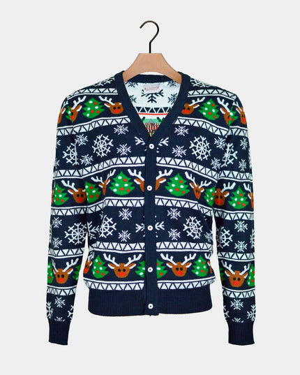 Blue Cardigan Christmas Sweater with Reindeer and Trees