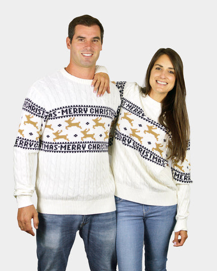 Chic White Couples Christmas Sweater with Reindeer - Organic Cotton