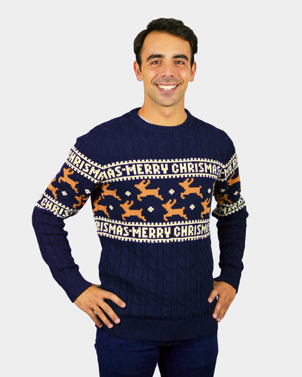 Chic Couple's Christmas Sweater Blue with Reindeer in Organic Cotton