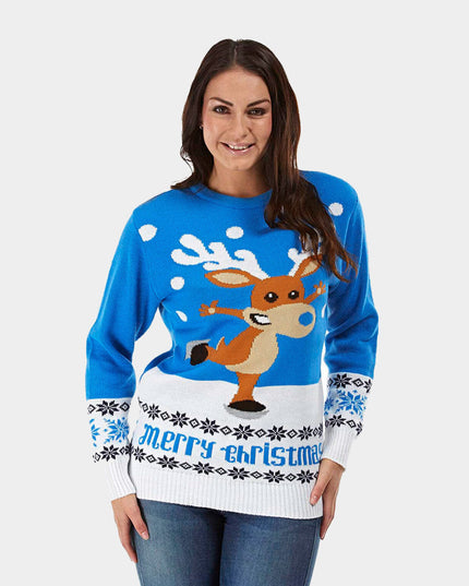 Jersey navideño azul cielo para parejas con renos patinando