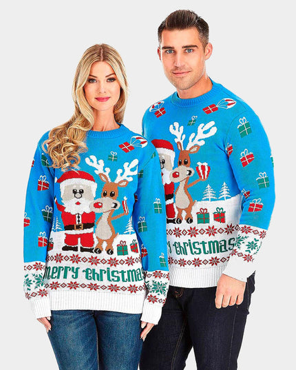 Sky Blue Couples Christmas Sweater with Rudolph and Santa