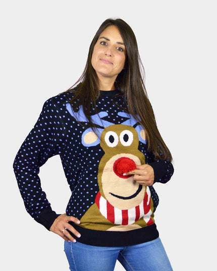 Suéter de Navidad para Parejas Reno de Nariz Roja 3D - Azul