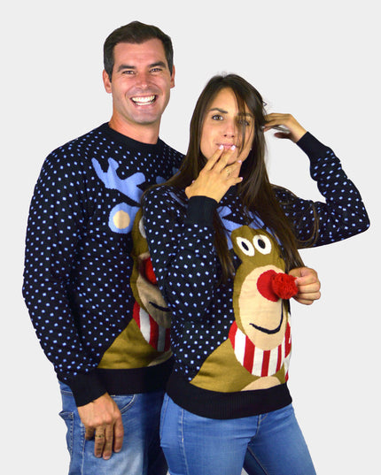 Suéter de Navidad para Parejas Reno de Nariz Roja 3D - Azul