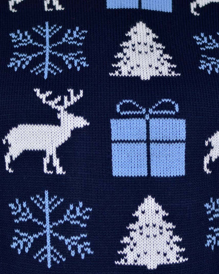 Blå juletrøje til par med rensdyr og gaver
