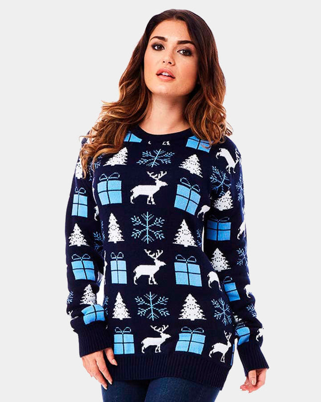 Blue Christmas Sweater for Couples - Reindeer, Gifts, and Trees