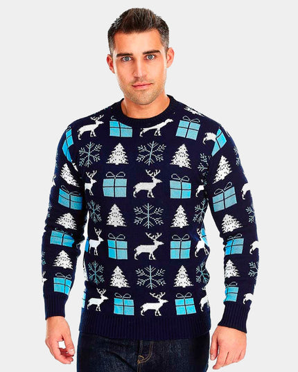 Blue Christmas Sweater for Couples - Reindeer, Gifts, and Trees