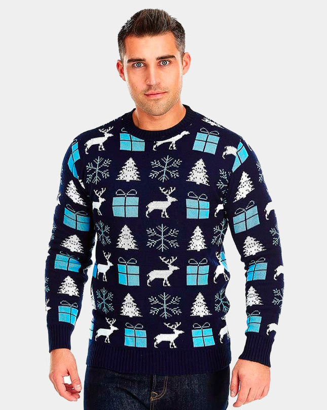 Blue Christmas Sweater for Couples - Reindeer, Gifts, and Trees
