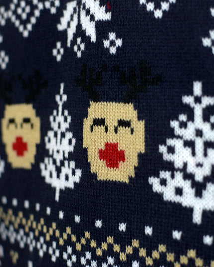 Couple's Christmas Sweater Blue with Snowmen and Trees