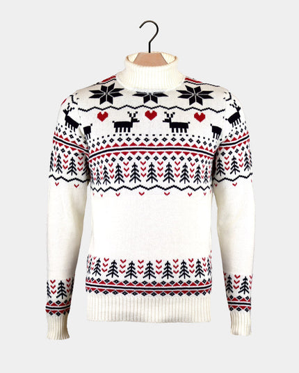 Suéter de Navidad Beige Chic para Parejas con Cuello Alto