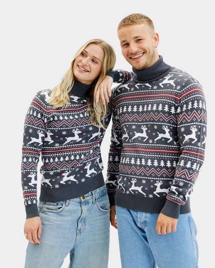 Suéter de Navidad Gris con Cuello Alto para Parejas con Renos
