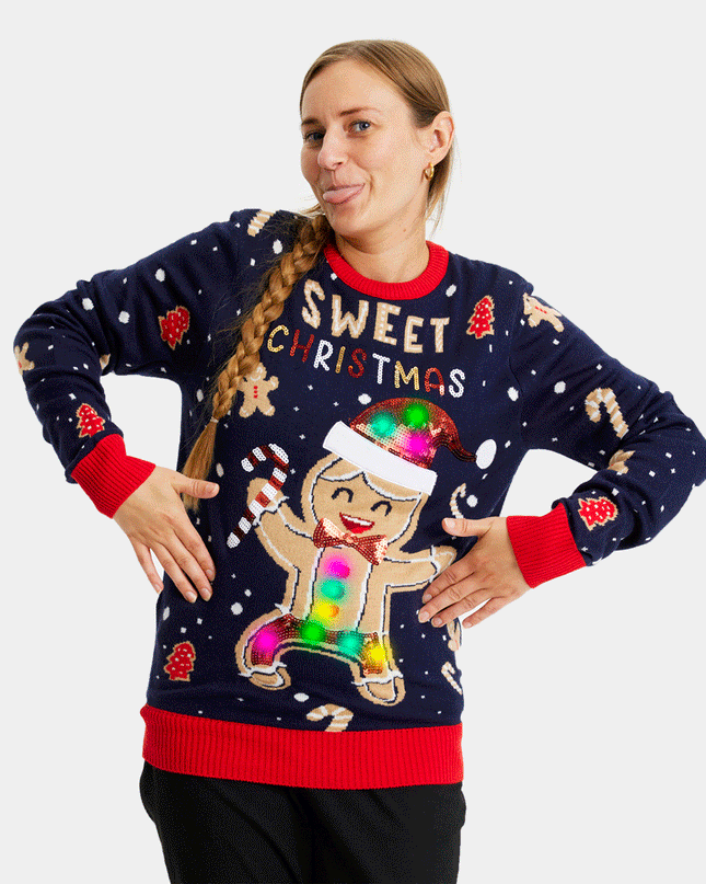 LED Ginger Cookie Christmas Sweater for Couples - Blue