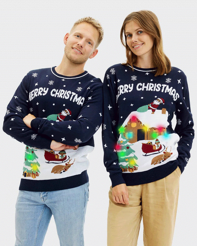 Blue LED "Merry Christmas" Couples Christmas Sweater
