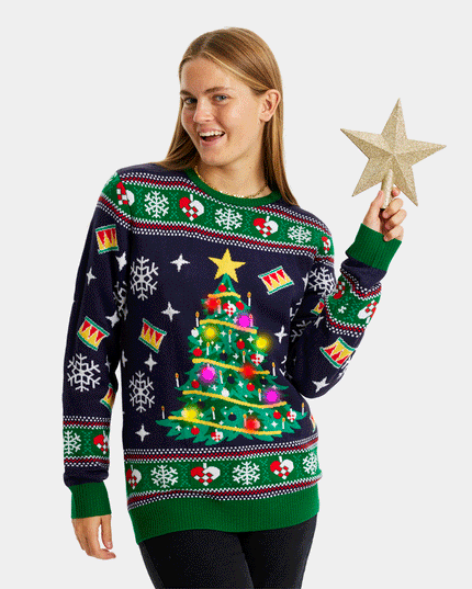 LED Blue Christmas Sweater for Couples - Christmas Tree Design