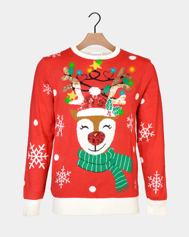 Lysende LED Skinnende Rensdyr Par Christmas Sweater med Glitter