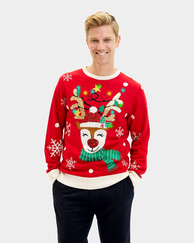 Lysende LED Skinnende Rensdyr Par Christmas Sweater med Glitter