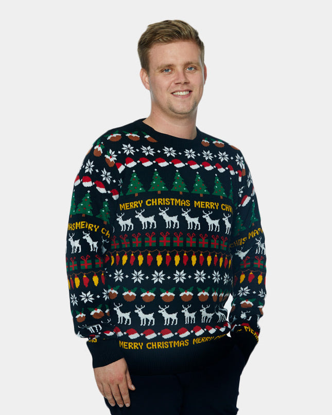 Women's Black Sweater with Trees, Reindeer, and Gifts