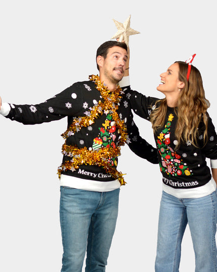Suéter de Navidad para Parejas Negro con Árbol de Navidad