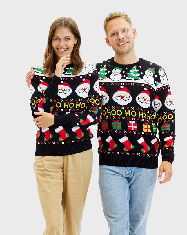 Organic Cotton Couples Christmas Sweater - Santa, Gifts, and Snowmen