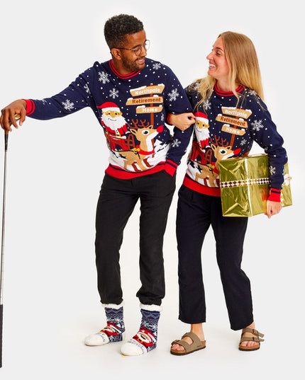 Couples Christmas Sweater with Santa and Walker on Retirement Path | Outlet Sale