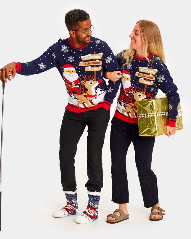 Couples Christmas Sweater with Santa on Retirement Path