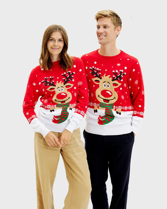 Reindeer Couples Christmas Sweater with Scarf