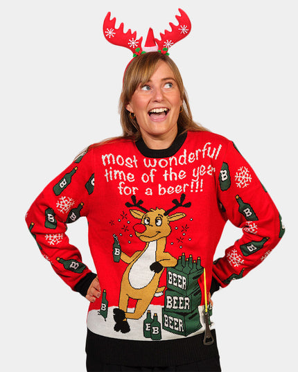 Reindeer Christmas Sweater for Couples with Bottle Opener