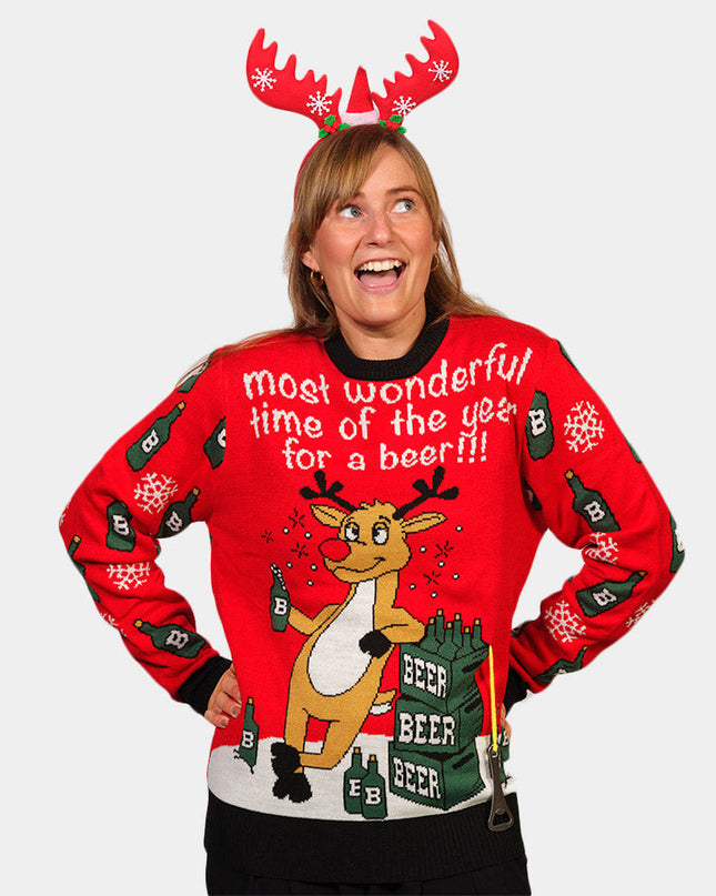 Reindeer Christmas Sweater for Couples with Bottle Opener