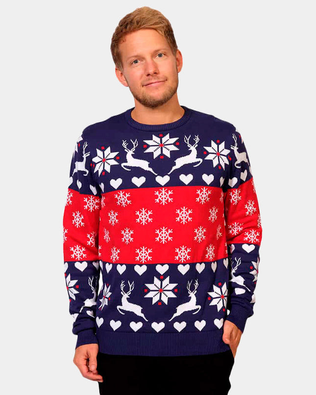 Blue and Red Couples Christmas Sweater with Reindeer and Hearts