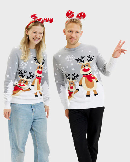 Suéter de Navidad para Parejas Gris con Lindos Renos