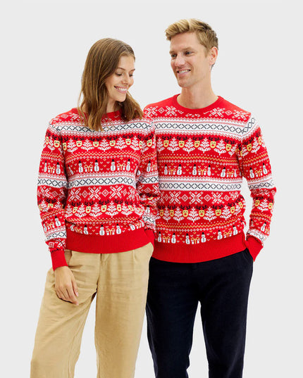 Organic Cotton Red Couples Christmas Sweater - Snowmen and Trees