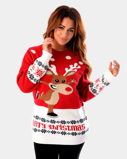 Jersey navideño rojo para parejas con renos patinando