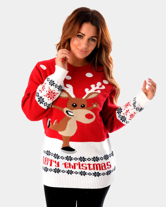 Red Christmas Sweater for Couples with Skating Reindeer