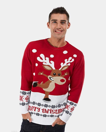 Jersey navideño rojo para parejas con renos patinando