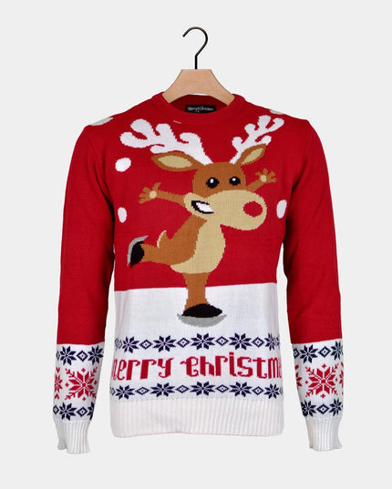 Jersey navideño rojo para parejas con renos patinando