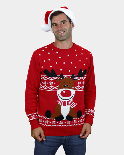 Suéter navideño de parejas rojo - Diseño de bufanda de Rudolph