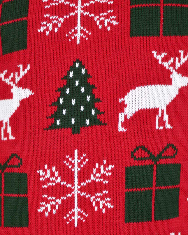 Red Christmas Sweater with Reindeer, Gifts, and Trees