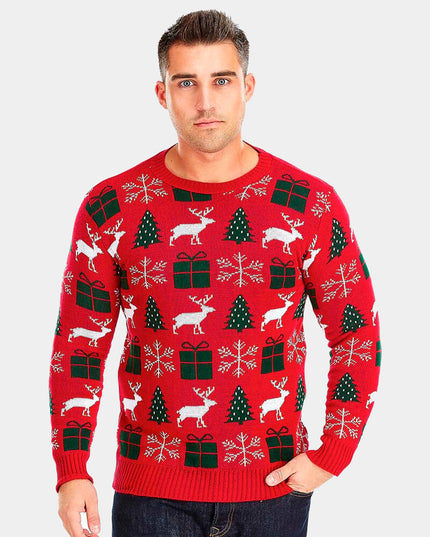 Red Christmas Sweater with Reindeer, Gifts, and Trees