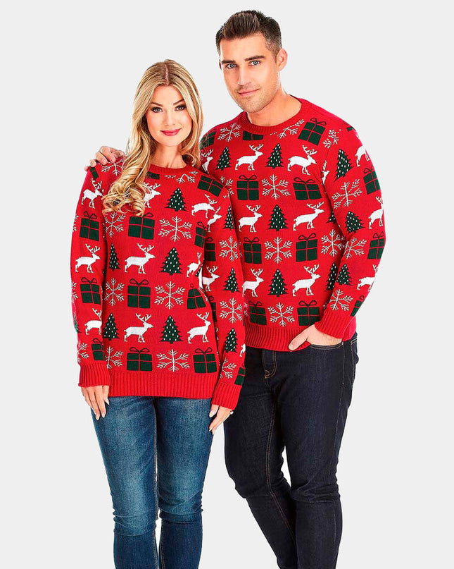 Red Christmas Sweater with Reindeer, Gifts, and Trees