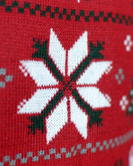 Red Couples Christmas Sweater with Reindeer, Trees, and Polar Stars