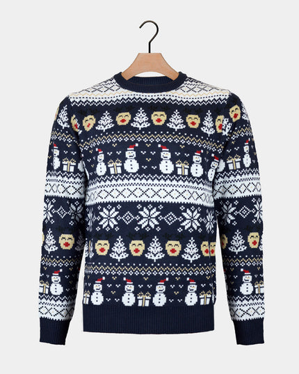 Couple's Christmas Sweater Blue with Snowmen and Trees