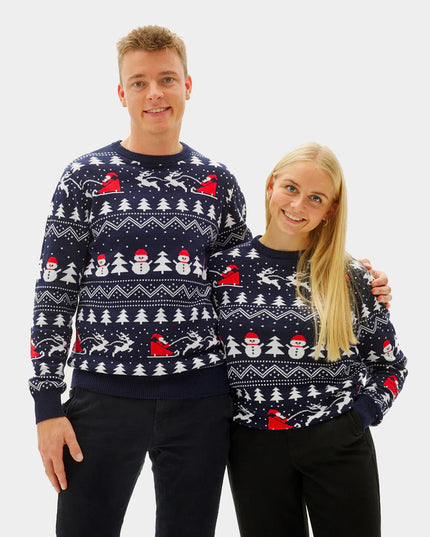 Women's Blue Christmas Sweater with Trees, Snowmen, and Santa