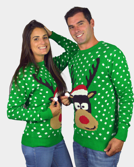 Jersey navideño 3D verde con renos para parejas